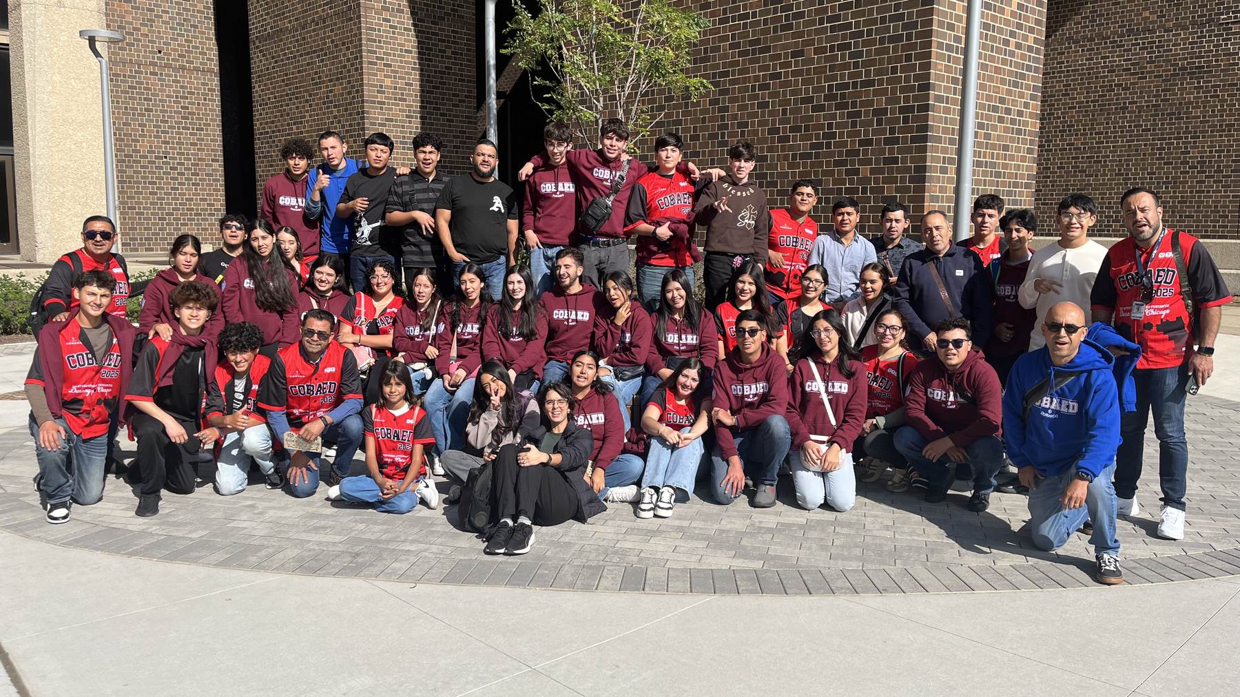 Last year's Durango delegation, about fifty students and teachers in red and maroon COBAED 2025 jerseys, together in Chicago